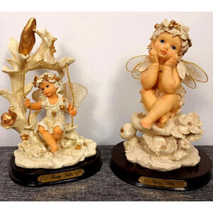 Fairy Tales Angel Figurines Set of 2 Cherub Fairy Statues Gold Wings